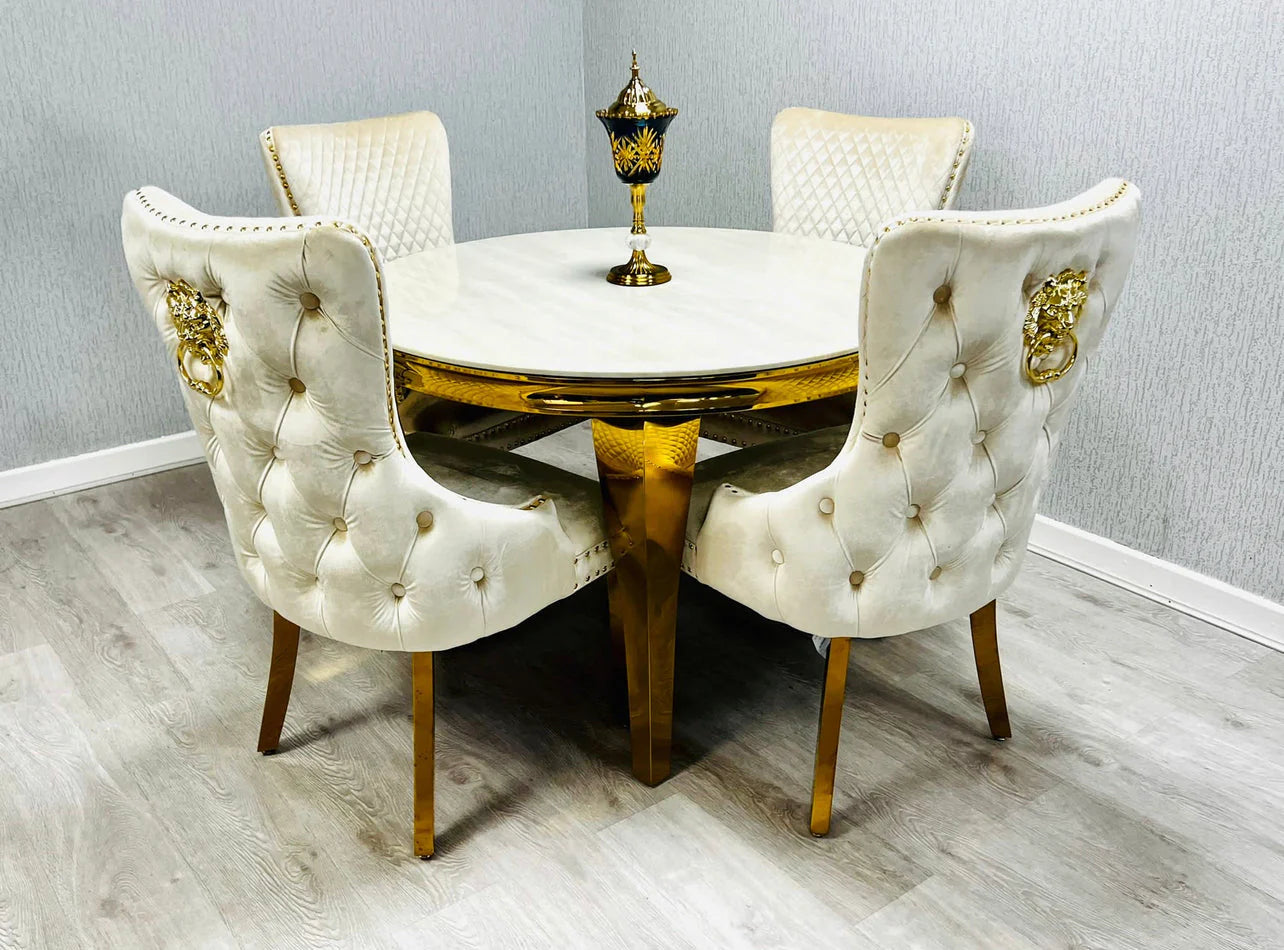 Round Marble Dining Table With Victoria Gold Dining Chairs With Lion Knocker