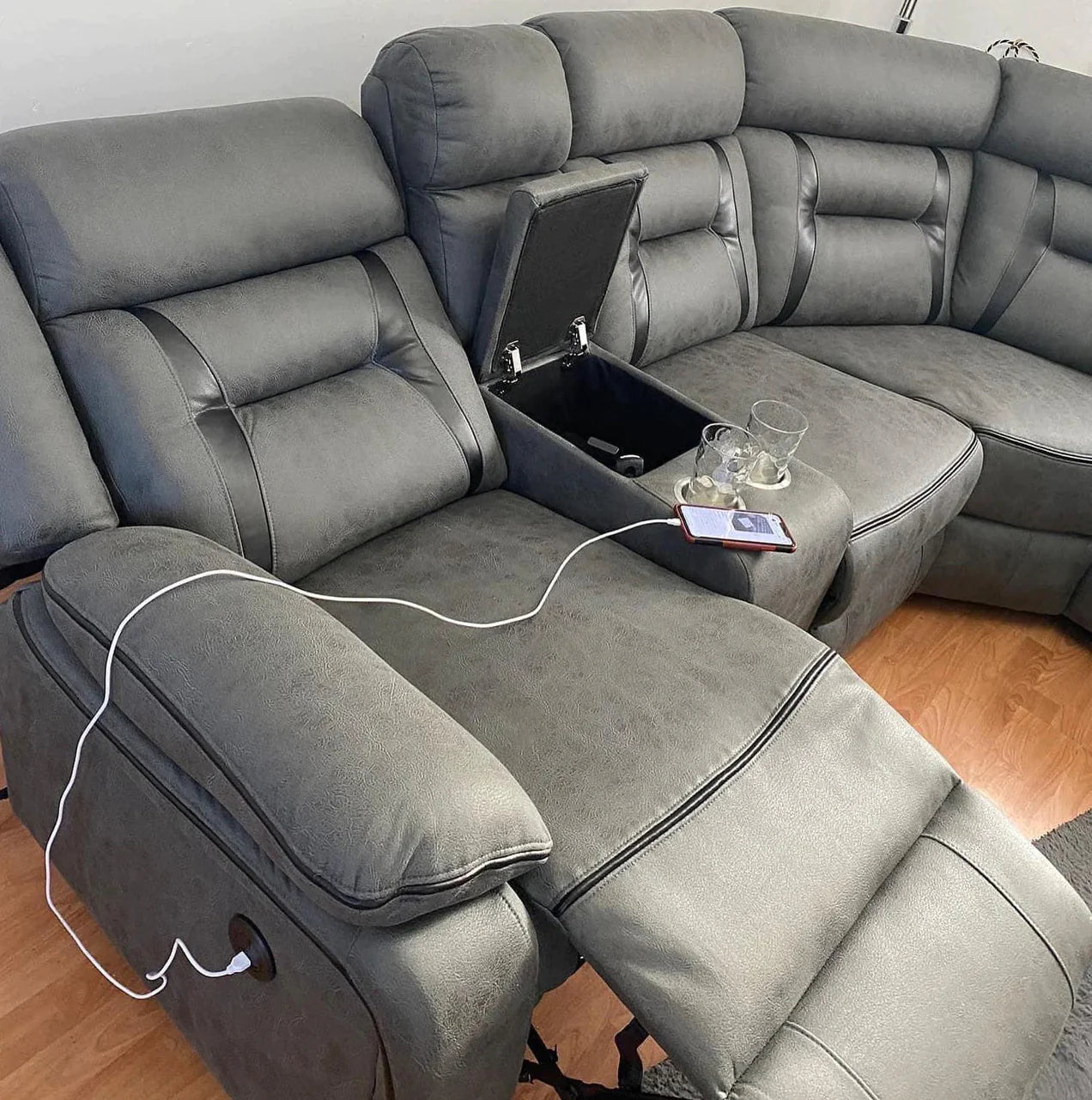 ELECTRIC RECLINER SOFA CORNER - GREY WITH BLACK TRIM