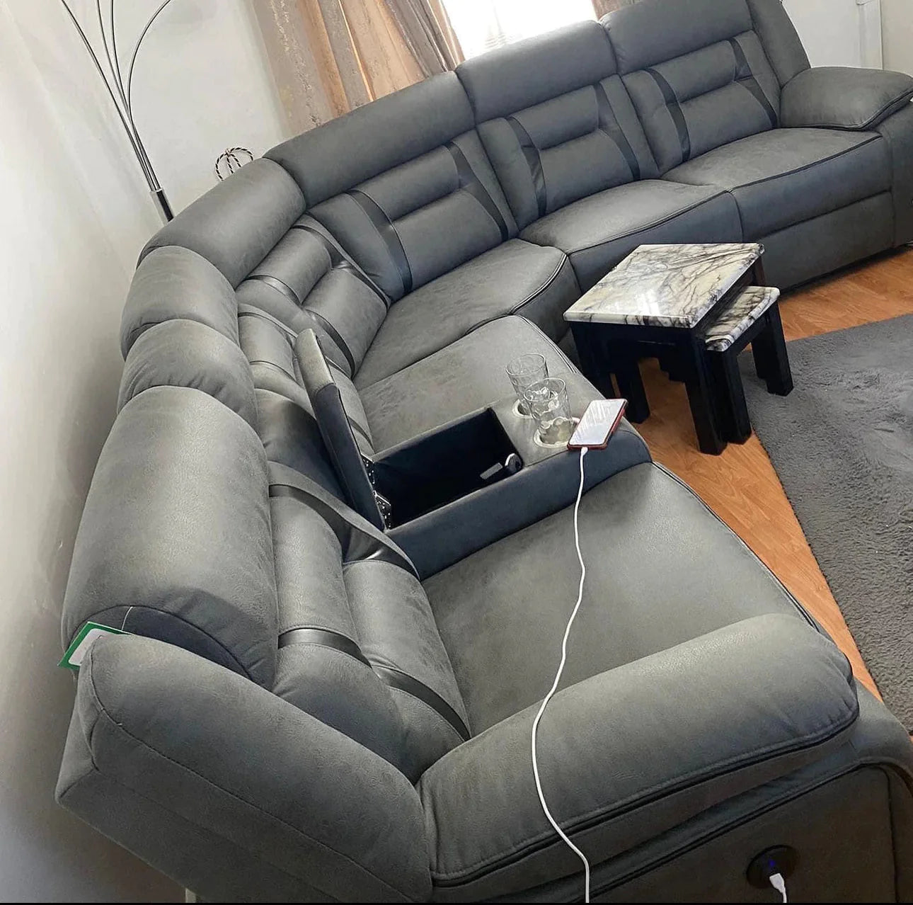 ELECTRIC RECLINER SOFA CORNER - GREY WITH BLACK TRIM