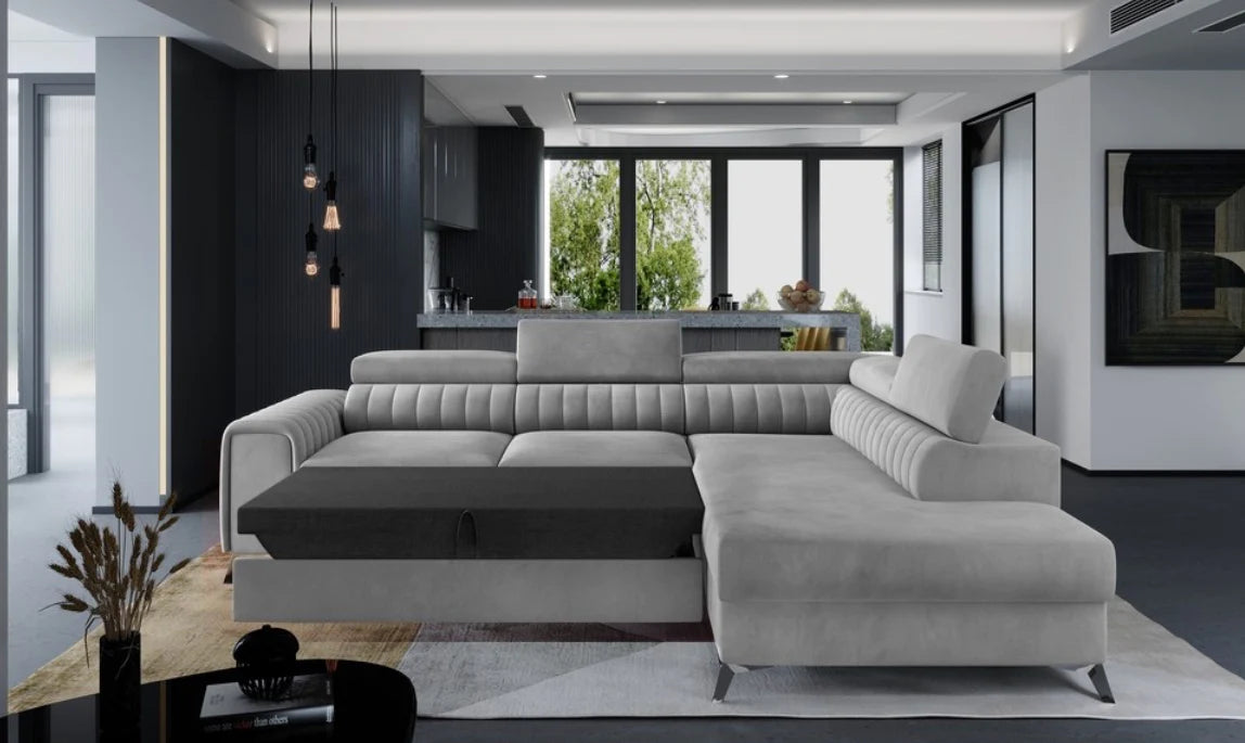LAURENCE CORNER SOFA BED PLUSH VELVET RIGHT HAND- GREY