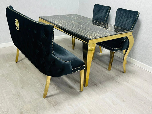 Sofia Marble Dining Table Black And Gold With Victoria Black And Gold Bench And Victoria Black And Gold Lion Knocker Chairs