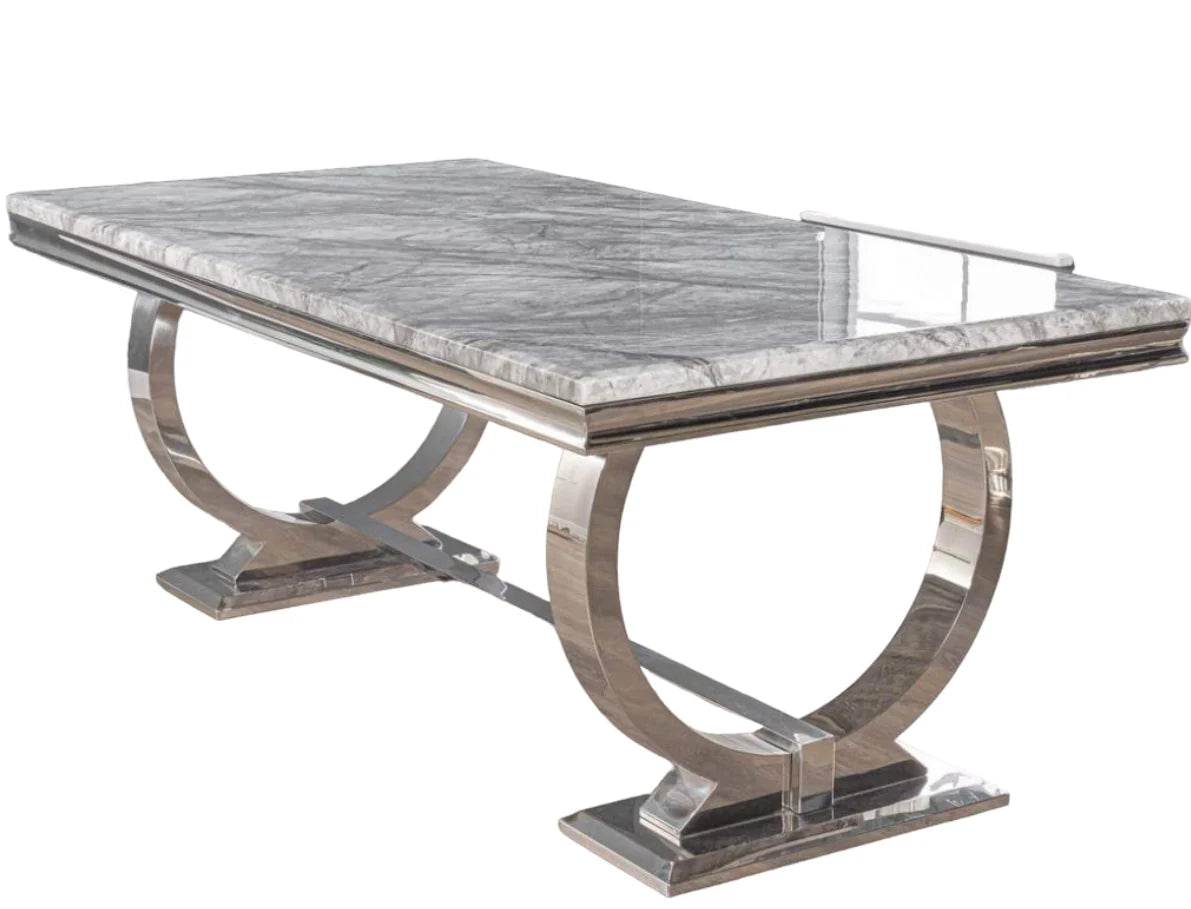 Arianna Marble Dining Table Grey + Jessica Dining Chairs Ring Knocker Dark Grey