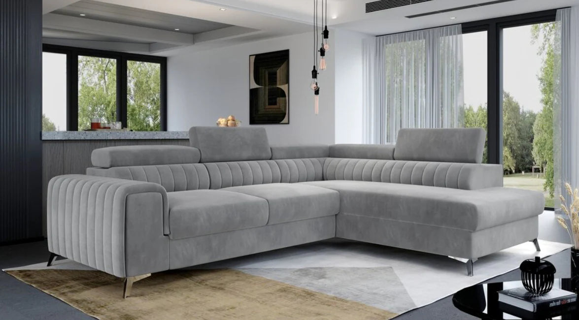 LAURENCE CORNER SOFA BED PLUSH VELVET RIGHT HAND- GREY
