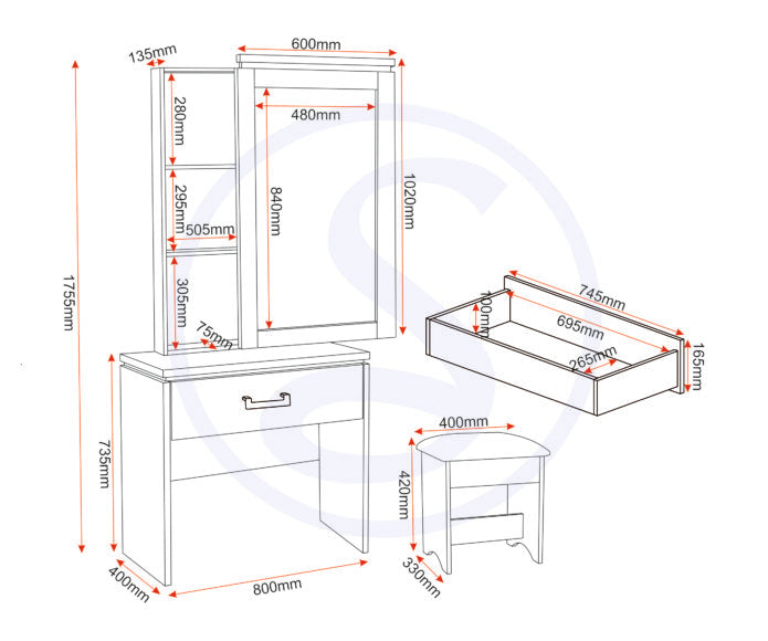Charles 1 Drawer Dressing Table Set