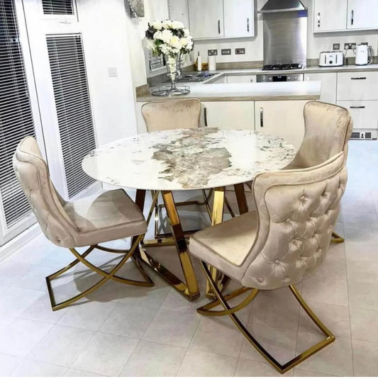 1.3M Nero Gold Dining Pandora With 4 Sandhurst Dining Chairs Cappuccino Gold Leg