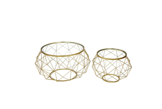 Set Of 2 Gold Metal Mesh Coffee Table With Glass Top