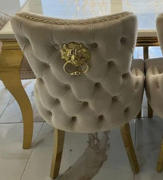 Louis Gold & White Marble Dining Table With Cream & Gold Lion Knocker Button Back Dining Chairs