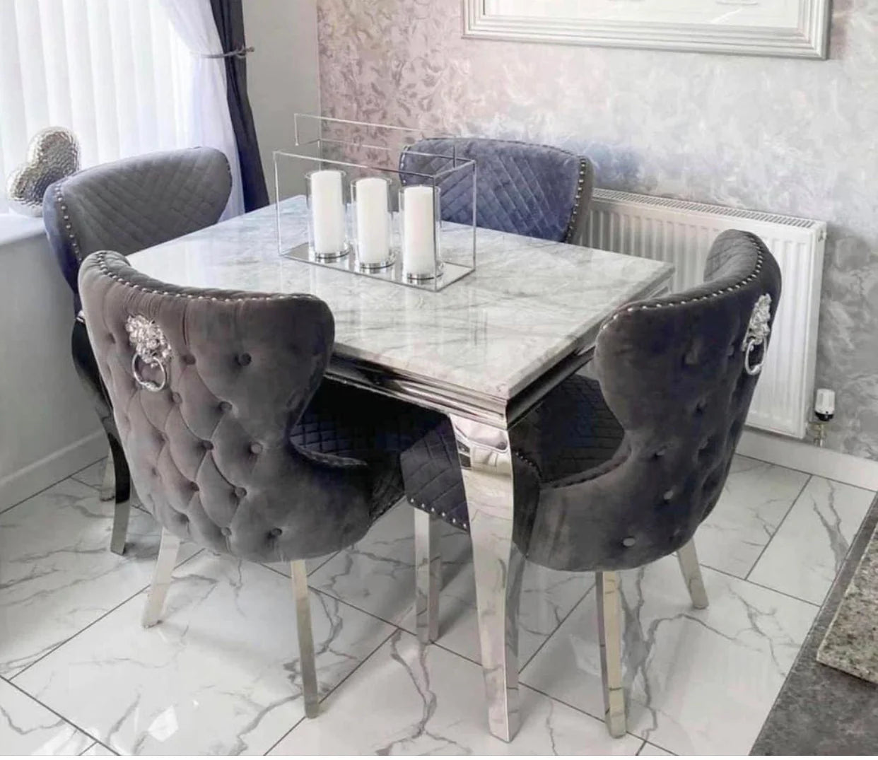 Louise Marble Dining Table 120x80cm Light Grey Table With 4 Valentino Dark Grey Lion Knocker Chairs
