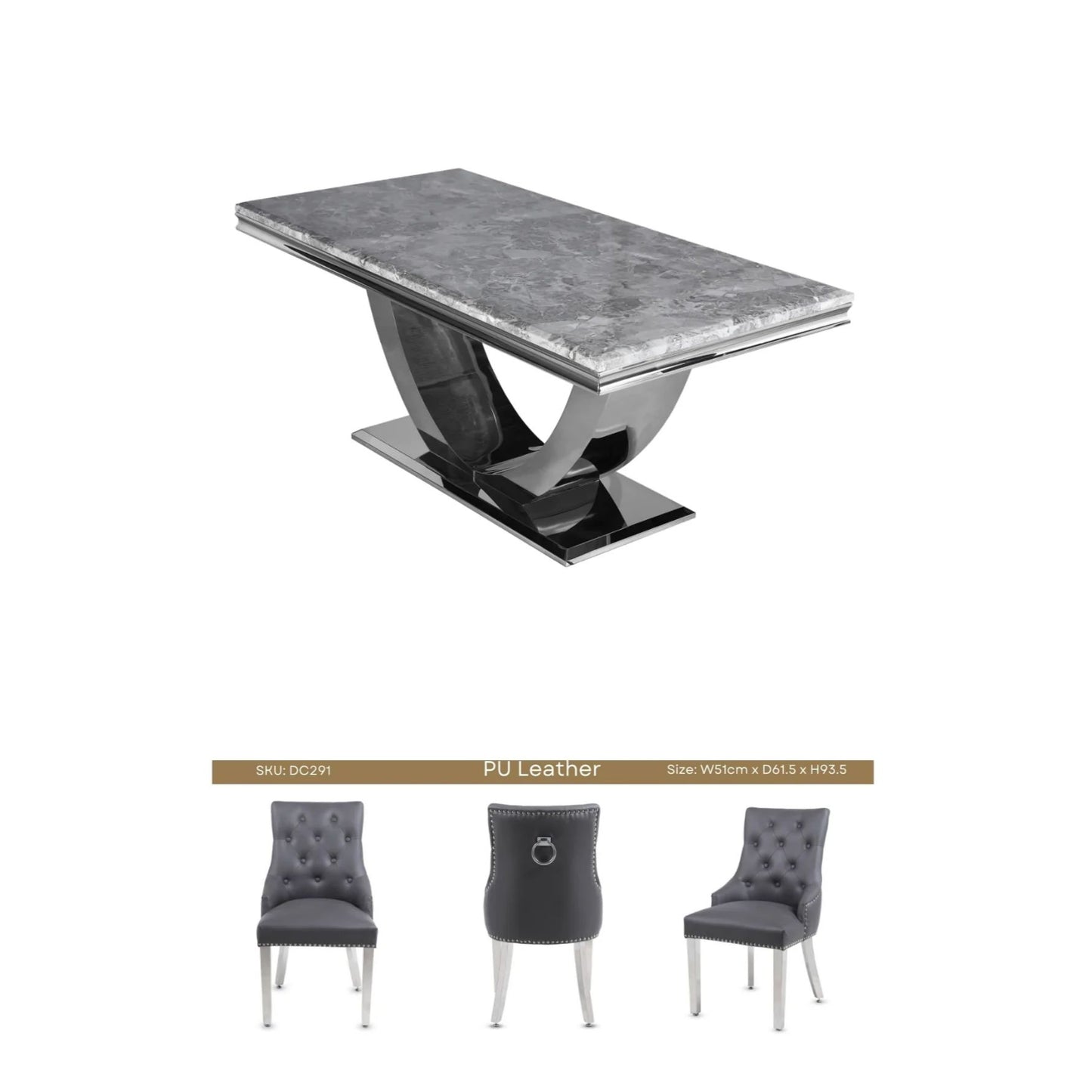 Ariel Table Light Grey 180cm With Valencia Ring Knocker Pu Leather Chairs Grey
