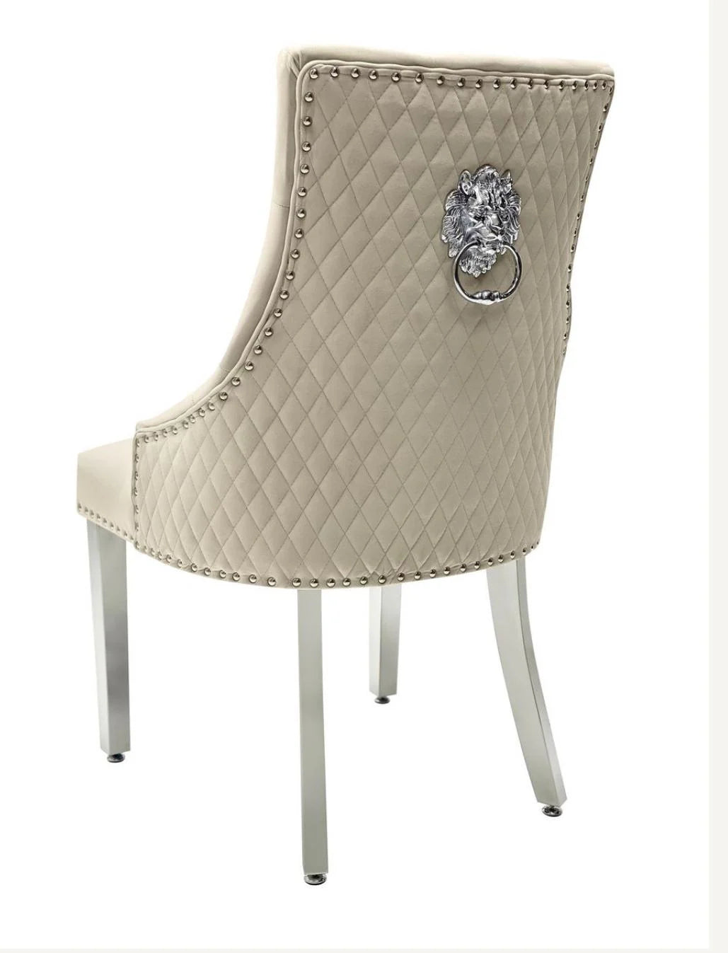 Ariel Marble Dining Table White With Majestic Mink Chairs Lion Knocker