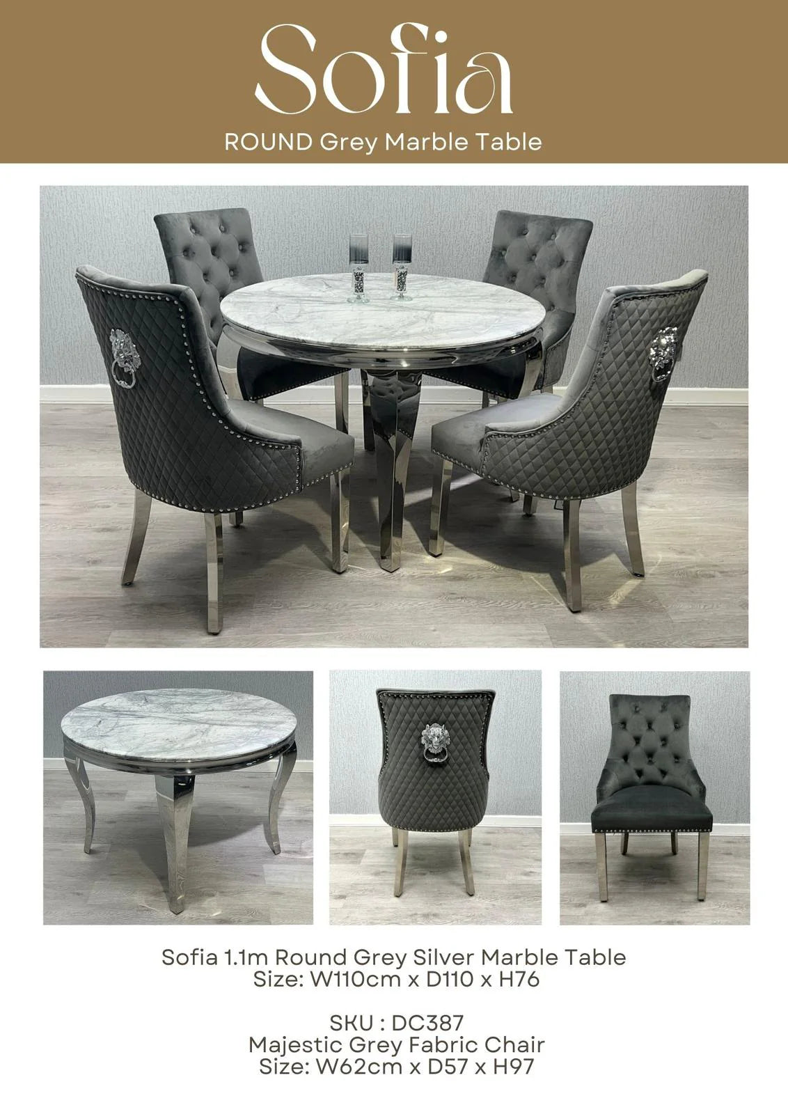 110x110cm Round Marble Table Light Grey With 4 Majestic Dark Grey Lion Knocker Chairs