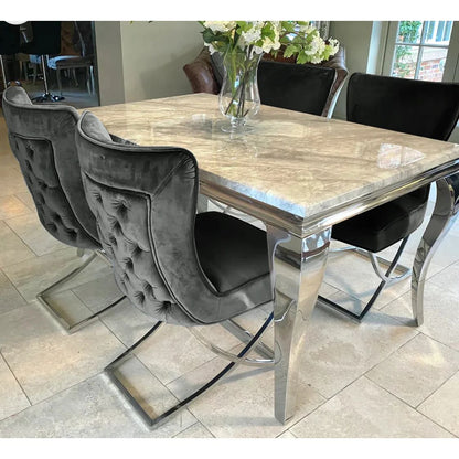 Louis Grey Marble Dining Table 150cm/ 180cm/ 200cm + Sandhurst Button Back Plush Velvet Dining Chairs, Dark Grey