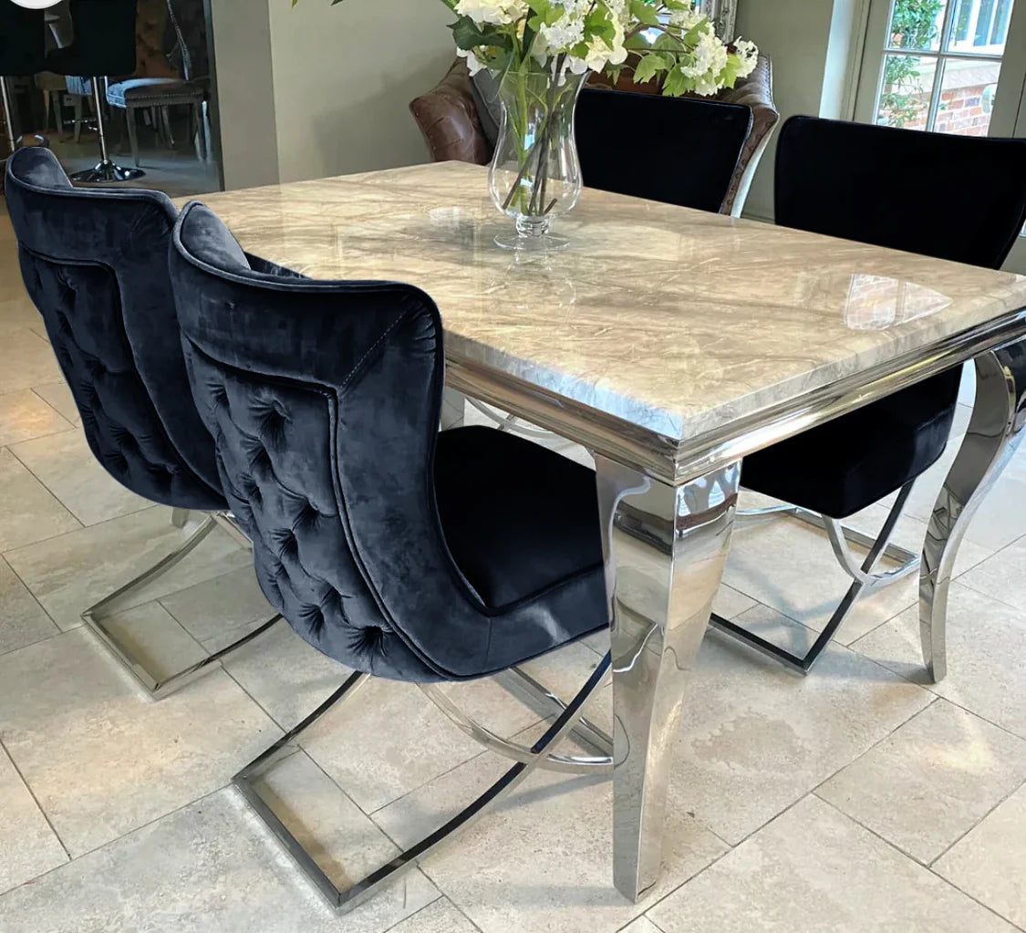 Louis Grey Marble Dining Table 150cm/ 180cm/ 200cm + Sandhurst Button Back Plush Velvet Dining Chairs, Dark Grey