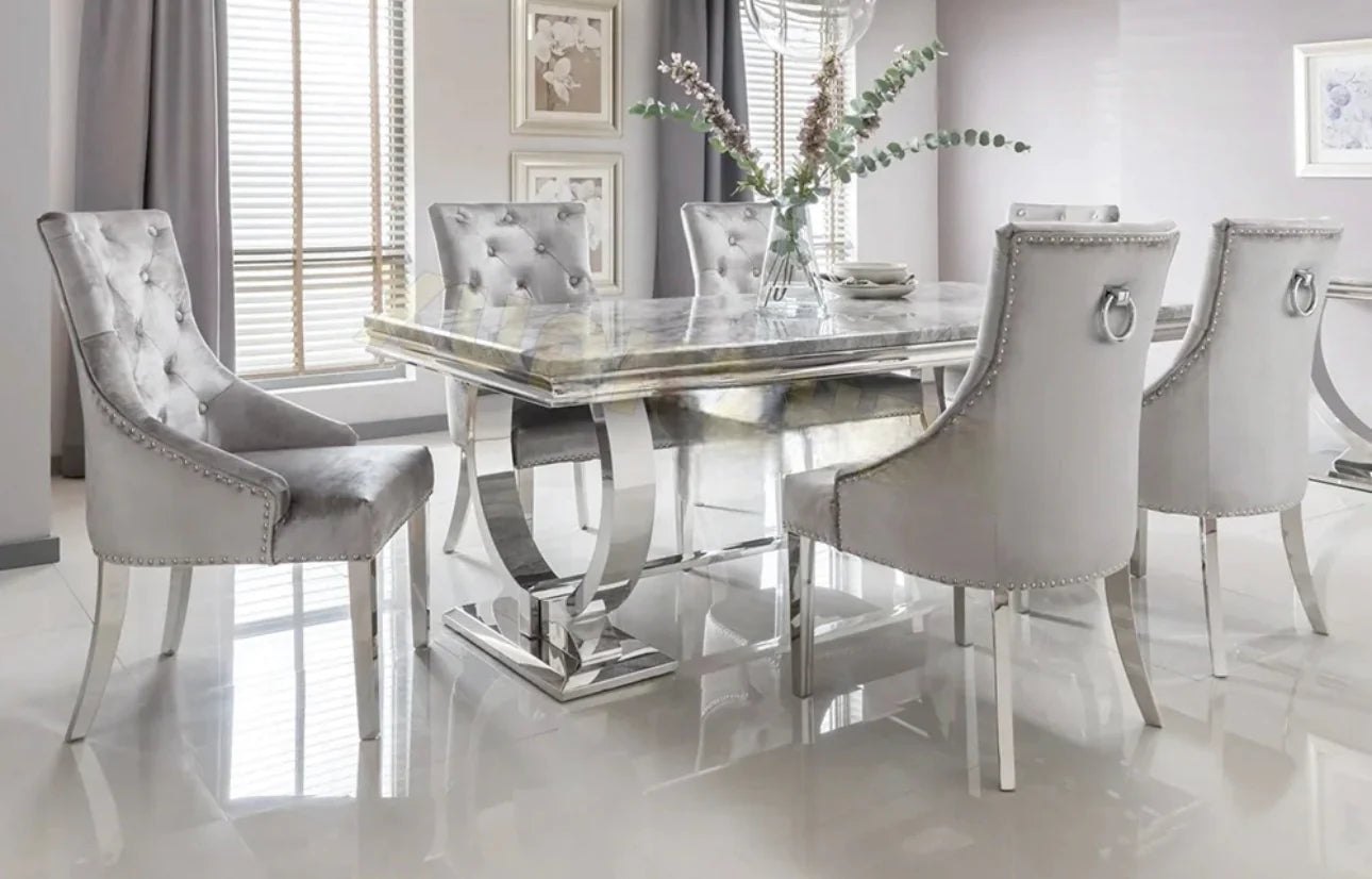 Ariana Marble Dining Table Light Grey + Jessica Dining Chairs Ring Knocker Light Grey