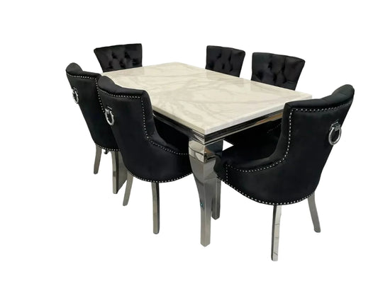 Louis White Marble Dining Table + Duke Dining Chairs Ring Knocker