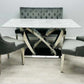 California Marble Dining Table Grey + Majestic Dining Chairs Lion Knocker