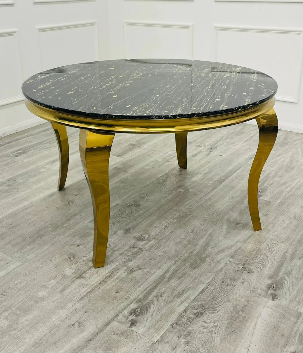 Louis 130cm Round Black/ Gold Marble Dining Table + Majestic Black Gold Lion Knocker Dining Chairs