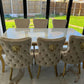 Louis Gold & White Marble Dining Table With Cream & Gold Lion Knocker Button Back Dining Chairs