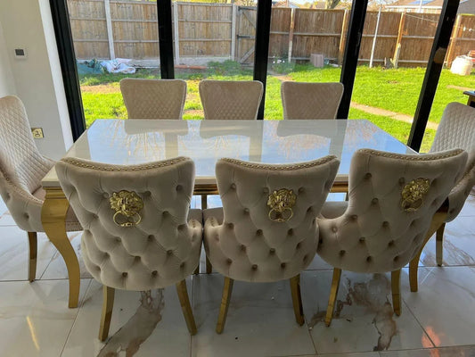 Louis Gold & White Marble Dining Table With Cream & Gold Lion Knocker Button Back Dining Chairs