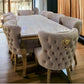 Louis Gold Marble Dining Table + Valentino Gold Dining Chairs Lion Knocker Mink