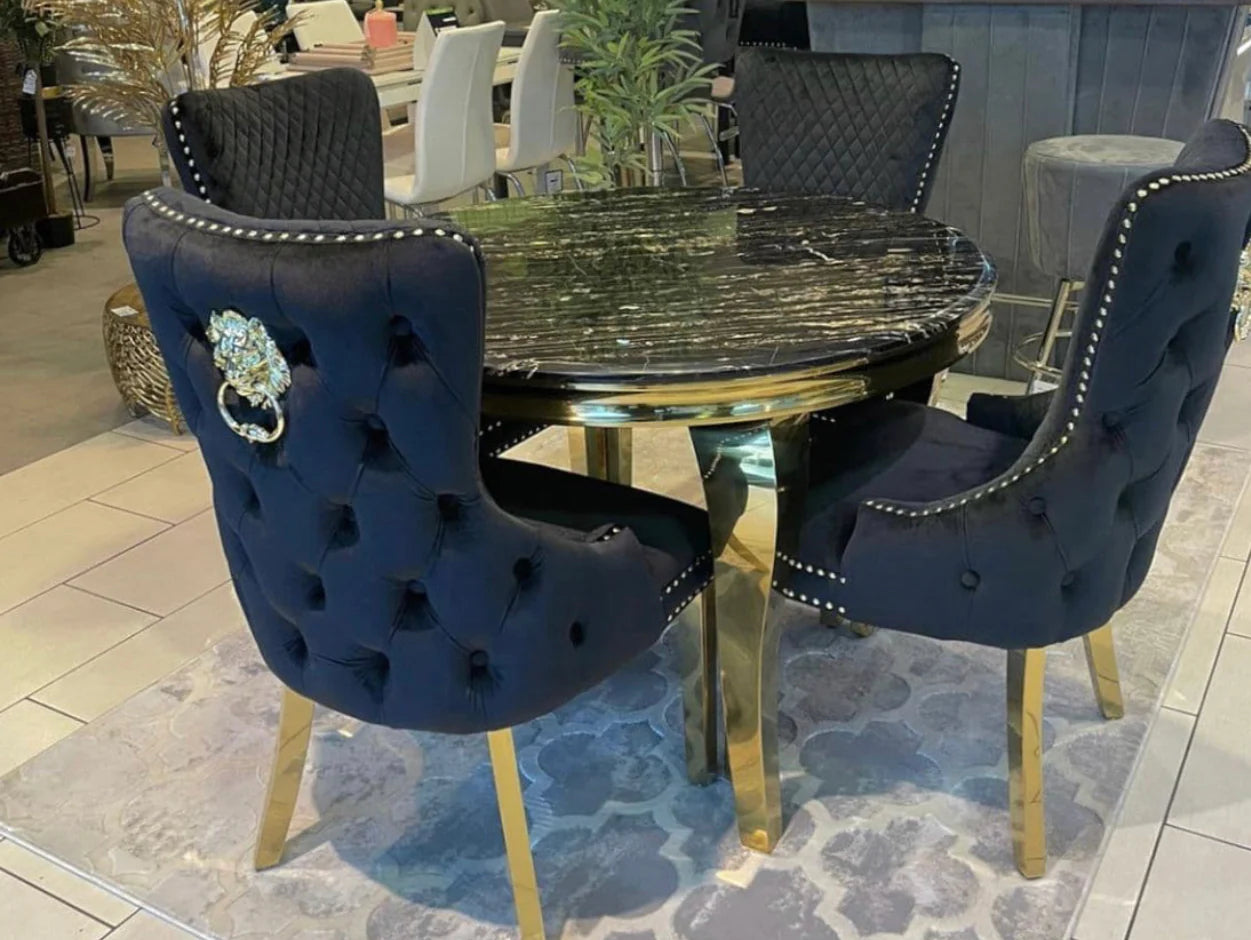 Round Marble Dining Table With Victoria Gold Dining Chairs With Lion Knocker