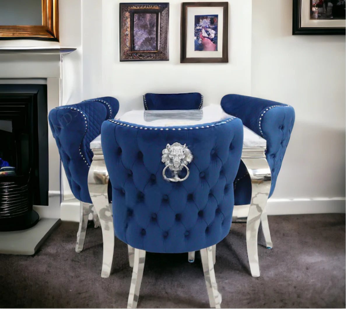 Louis Marble Dining Table + Valentino Dining Chairs Lion Knocker Blue & Valentino Bench Blue