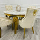 Louis 130cm Round Cream & Gold Marble Dining Table + Majestic Cream Gold Lion Knocker Dining Chairs