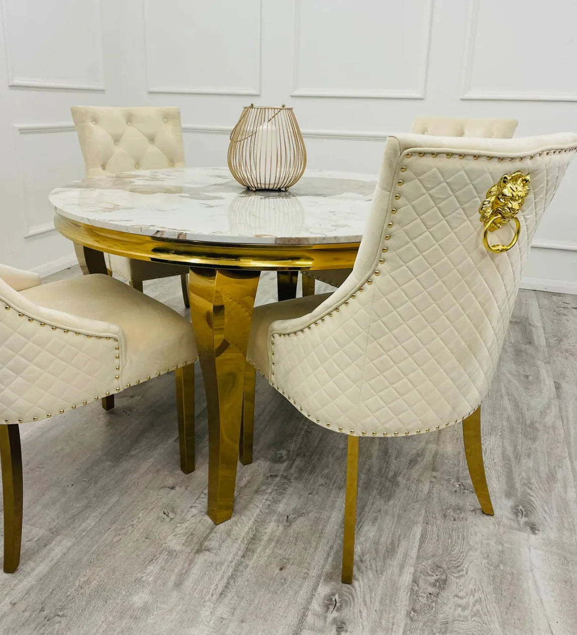 Louis 130cm Round Cream & Gold Marble Dining Table + Majestic Cream Gold Lion Knocker Dining Chairs