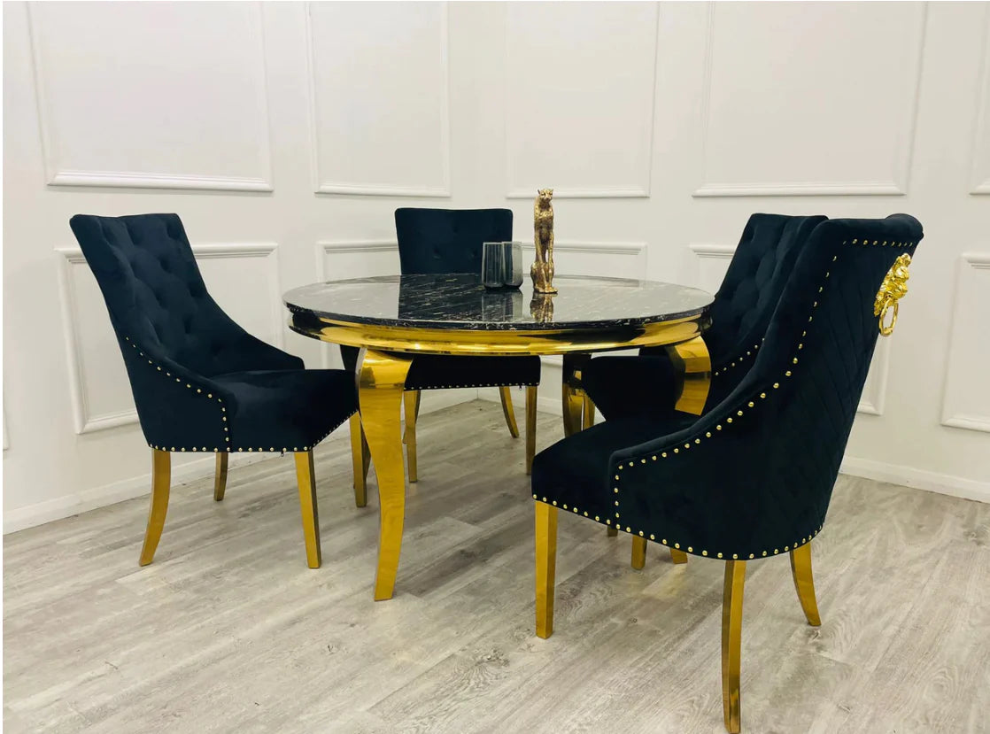 Louis 130cm Round Black/ Gold Marble Dining Table + Majestic Black Gold Lion Knocker Dining Chairs