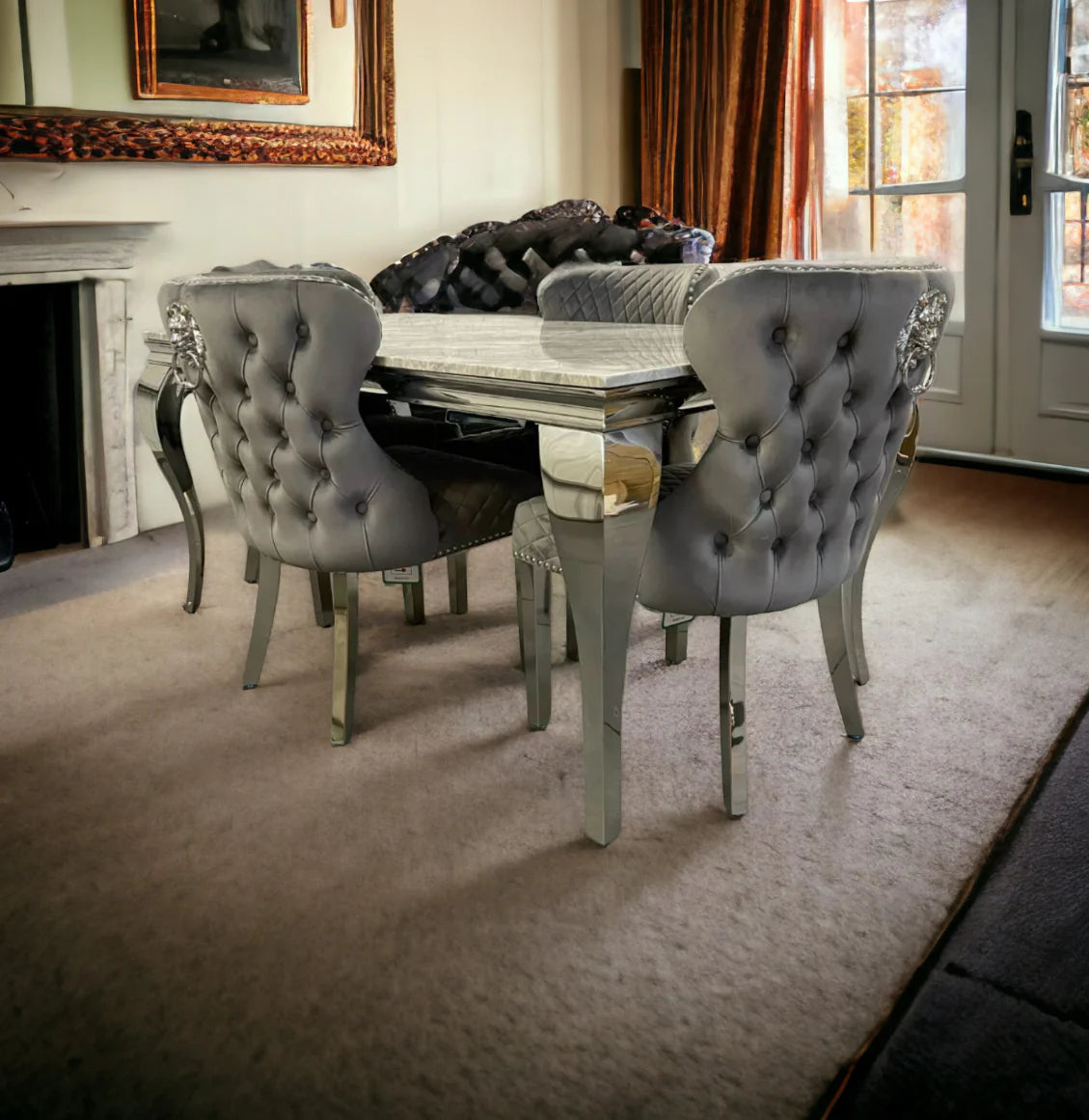 Louis Light Grey Marble Dining Table + Valentino Dark Grey Dining Chairs Lion Knocker