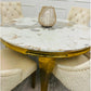 Louis 130cm Round Cream & Gold Marble Dining Table + Majestic Cream Gold Lion Knocker Dining Chairs