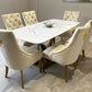 Valeo 180cm Gold Dining Table with Polar White Sintered Stone Top With Set of Gold Lion Knocker Dining Chairs