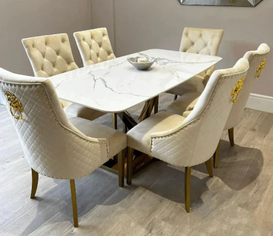 Valeo 180cm Gold Dining Table with Polar White Sintered Stone Top With Set of Gold Lion Knocker Dining Chairs