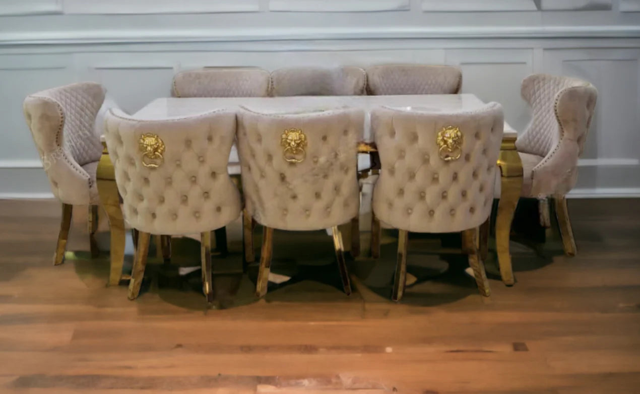 Louis Gold Marble Dining Table + Valentino Gold Dining Chairs Lion Knocker Mink