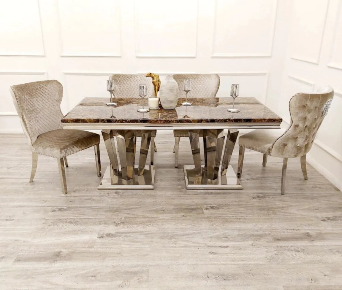 Athena Marble Dining Table + Valentino Mink Dining Chairs Lion Knocker