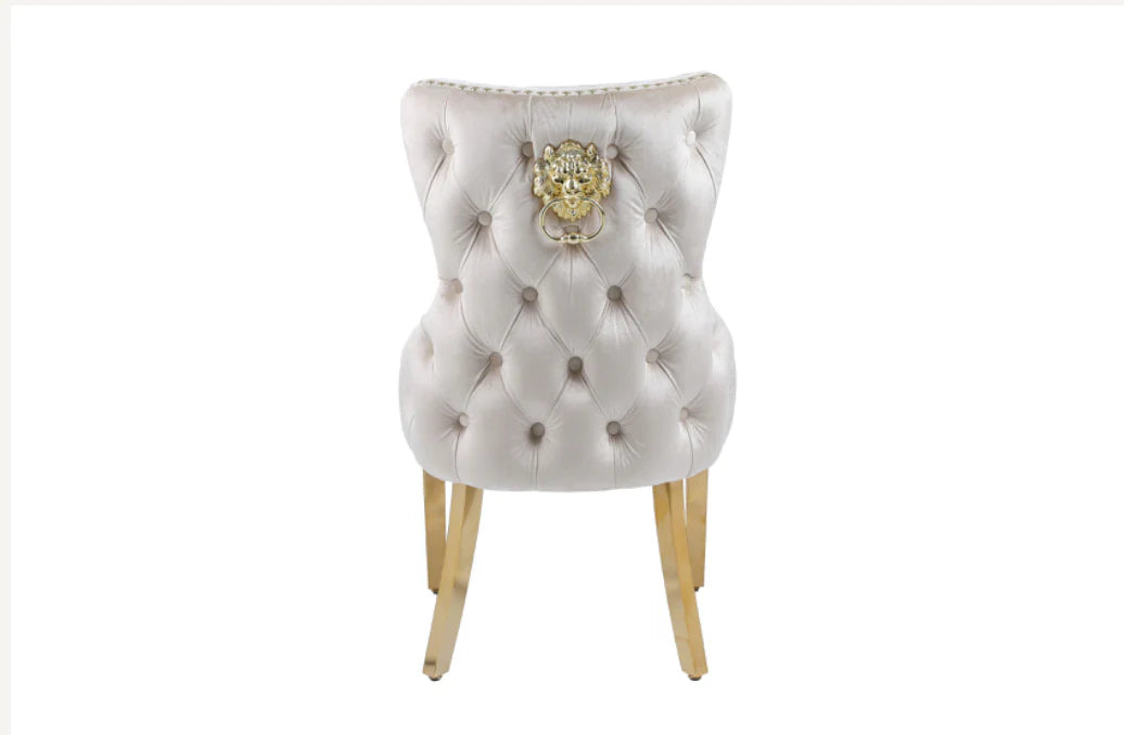 Round Marble Dining Table With Victoria Gold Dining Chairs With Lion Knocker