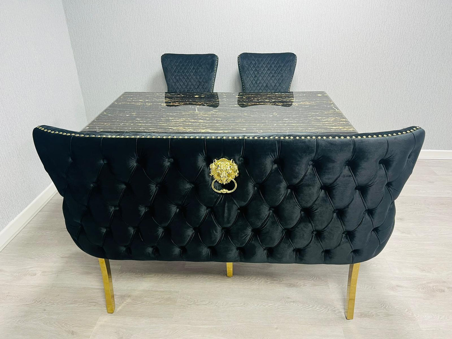 Louis Marble Dining Table Black And Gold With Victoria Black And Gold Lion Knocker Chairs