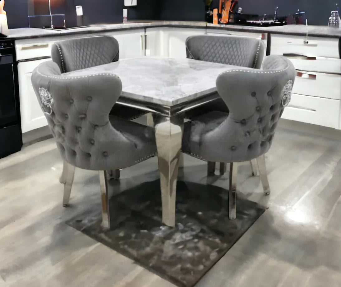 1M Square Dining Table + 4 Valentino Dining Chairs Lion Knocker