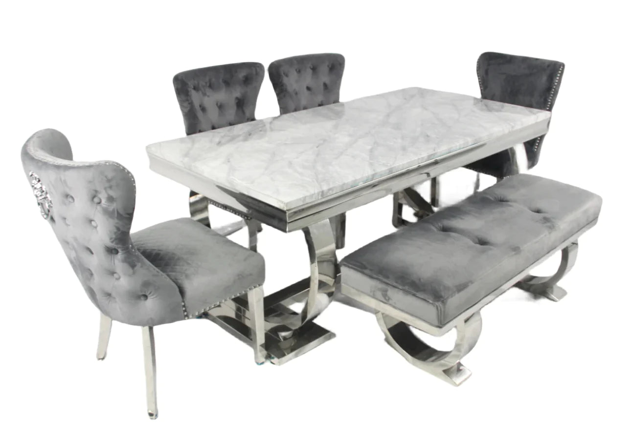 Arianna Marble Dining Table + Lewis Dining Chairs Dark Grey & Matching Bench Dark Grey