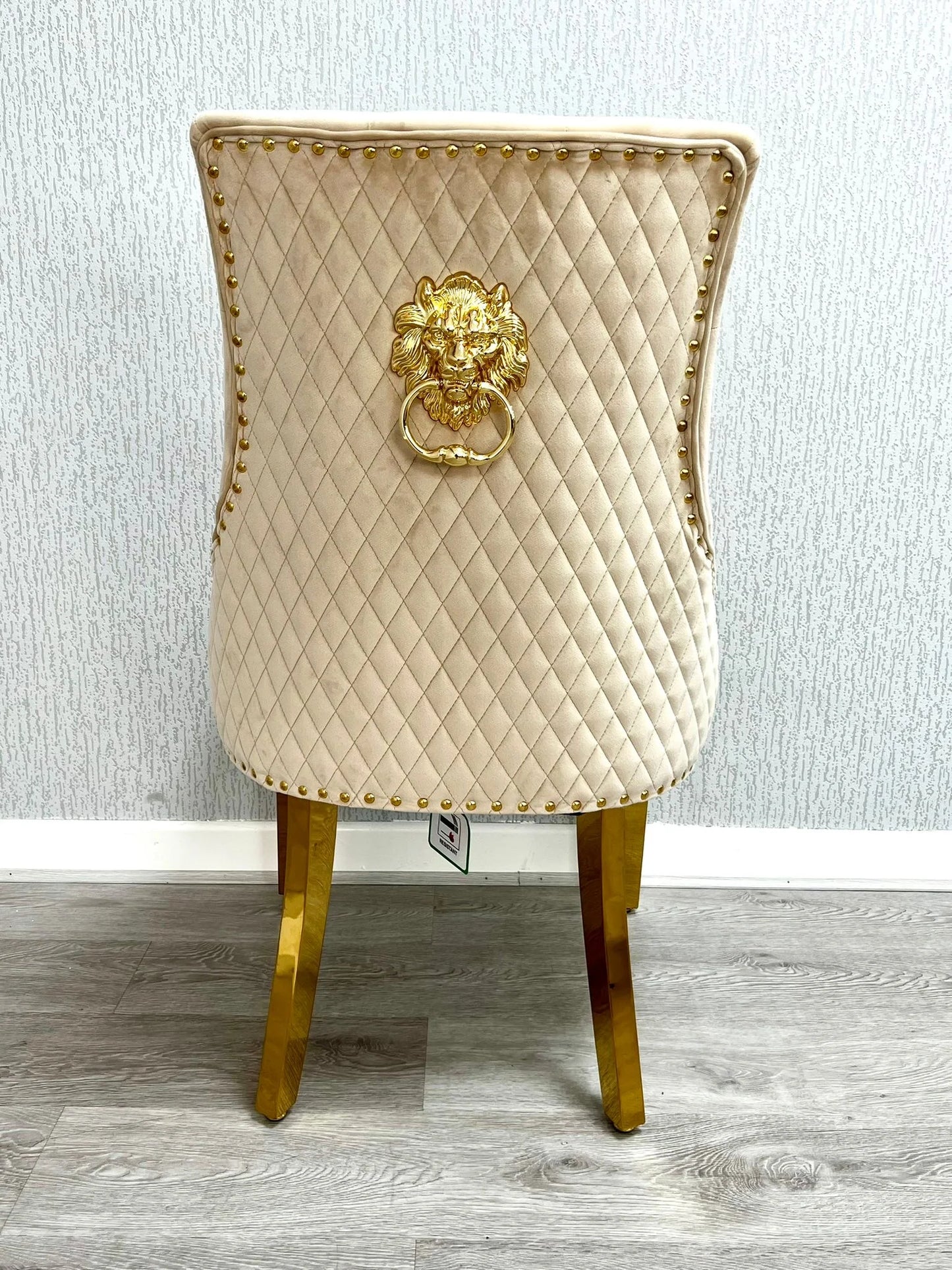 Louis 130cm Round Cream & Gold Marble Dining Table + Majestic Cream Gold Lion Knocker Dining Chairs