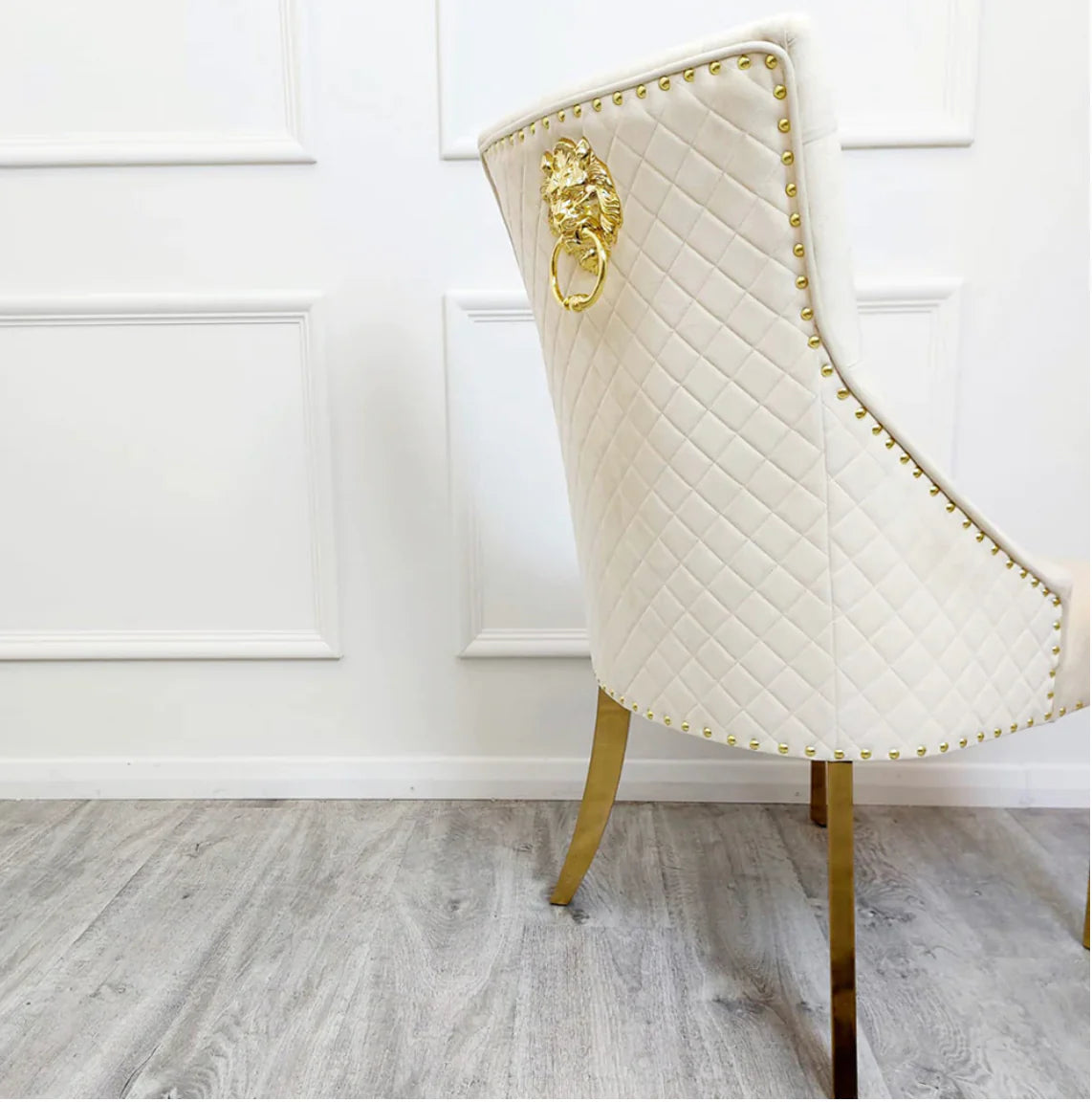 Louis 130cm Round Cream & Gold Marble Dining Table + Majestic Cream Gold Lion Knocker Dining Chairs