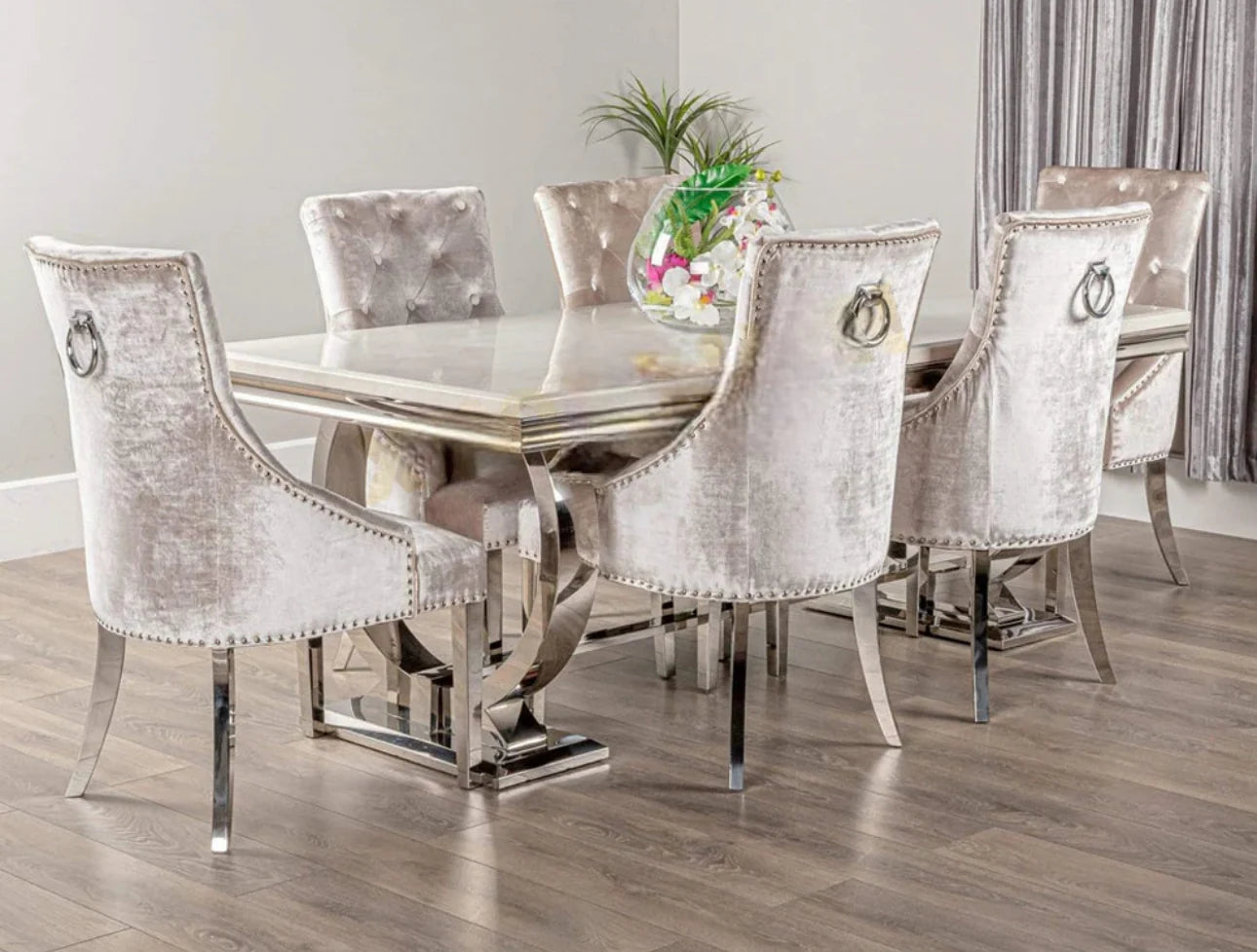 Ariana Marble Dining Table Light Grey + Jessica Dining Chairs Ring Knocker Light Grey