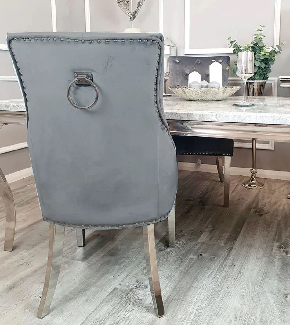 Ariana Marble Dining Table Light Grey + Jessica Dining Chairs Ring Knocker Light Grey