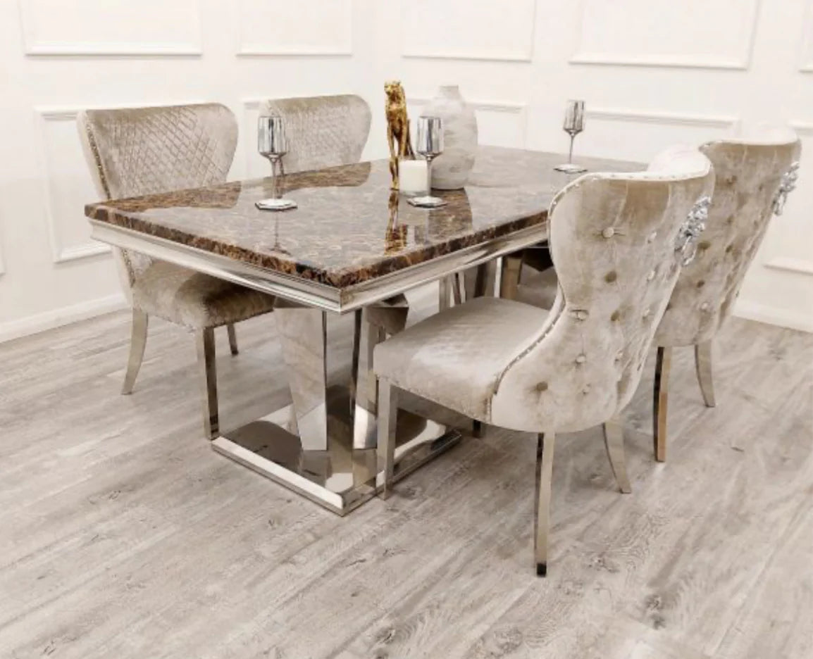 Athena Marble Dining Table + Valentino Mink Dining Chairs Lion Knocker