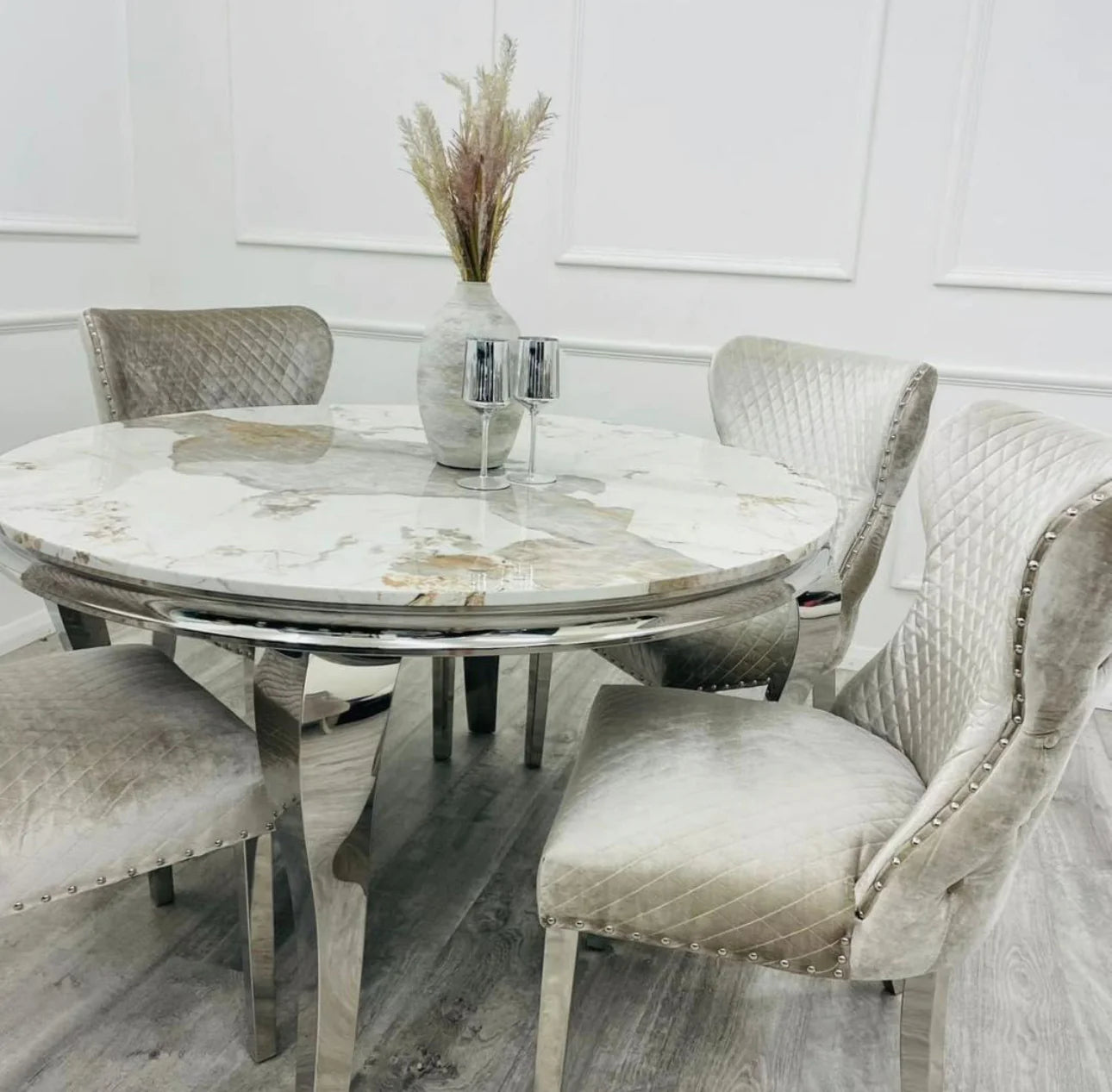 130cm Round Dining Table Pandora + Mink Dining Chairs Lion Knocker