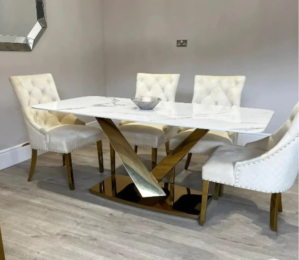 Valeo 180cm Gold Dining Table with Polar White Sintered Stone Top With Set of Gold Lion Knocker Dining Chairs