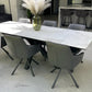 Phoenix 160-240cm White Ceramic Marble Extending Table + Grey Velvet Swivel Dining Chairs