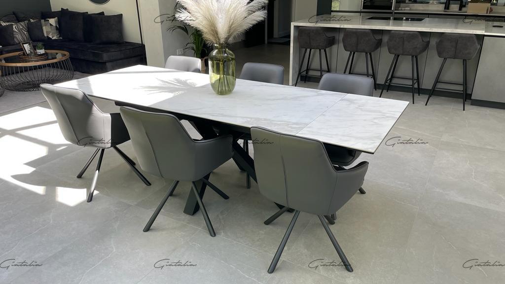 Phoenix 160-240cm White Ceramic Marble Extending Table + Grey Velvet Swivel Dining Chairs