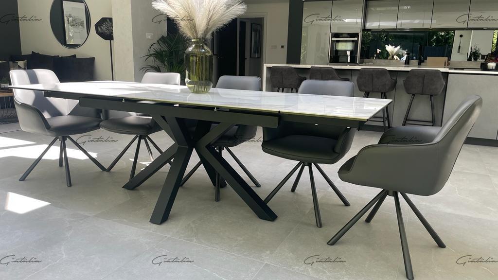 Phoenix 160-240cm White Ceramic Marble Extending Table + Grey Velvet Swivel Dining Chairs