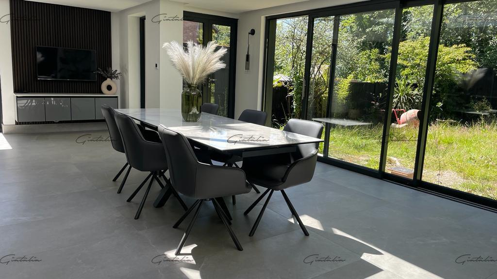 Phoenix 160-240cm White Ceramic Marble Extending Table + Grey Velvet Swivel Dining Chairs